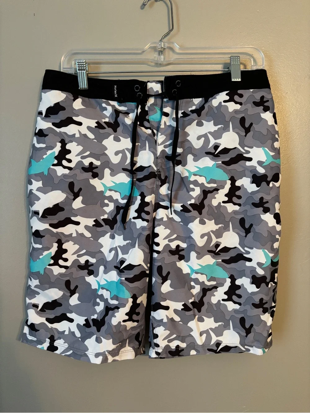 Hurley kids Gray Camouflage Swim Shorts with Teal Shark Accents
